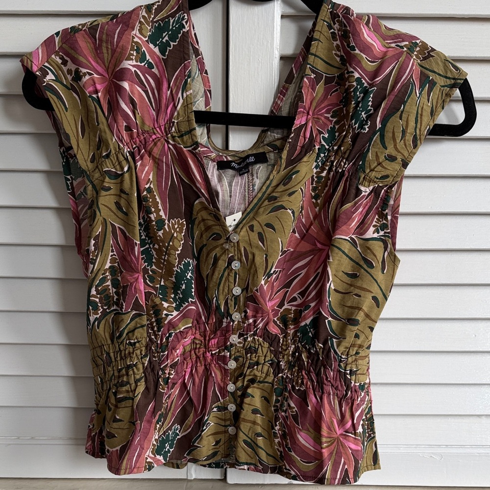 Madewell Pink and Olive Botanical Button-Front Sleeveless Blouse